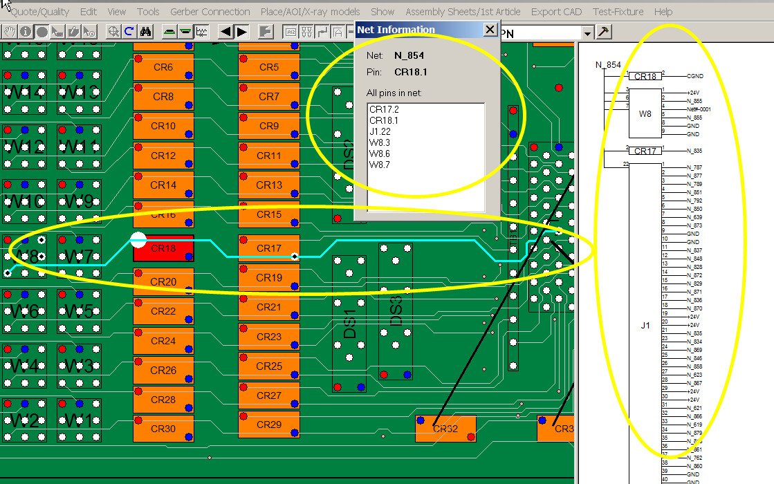 pcb technician troubleshoot debug schematic hyper linked to assembly search by components pins nets netnames part number find shorts between traces